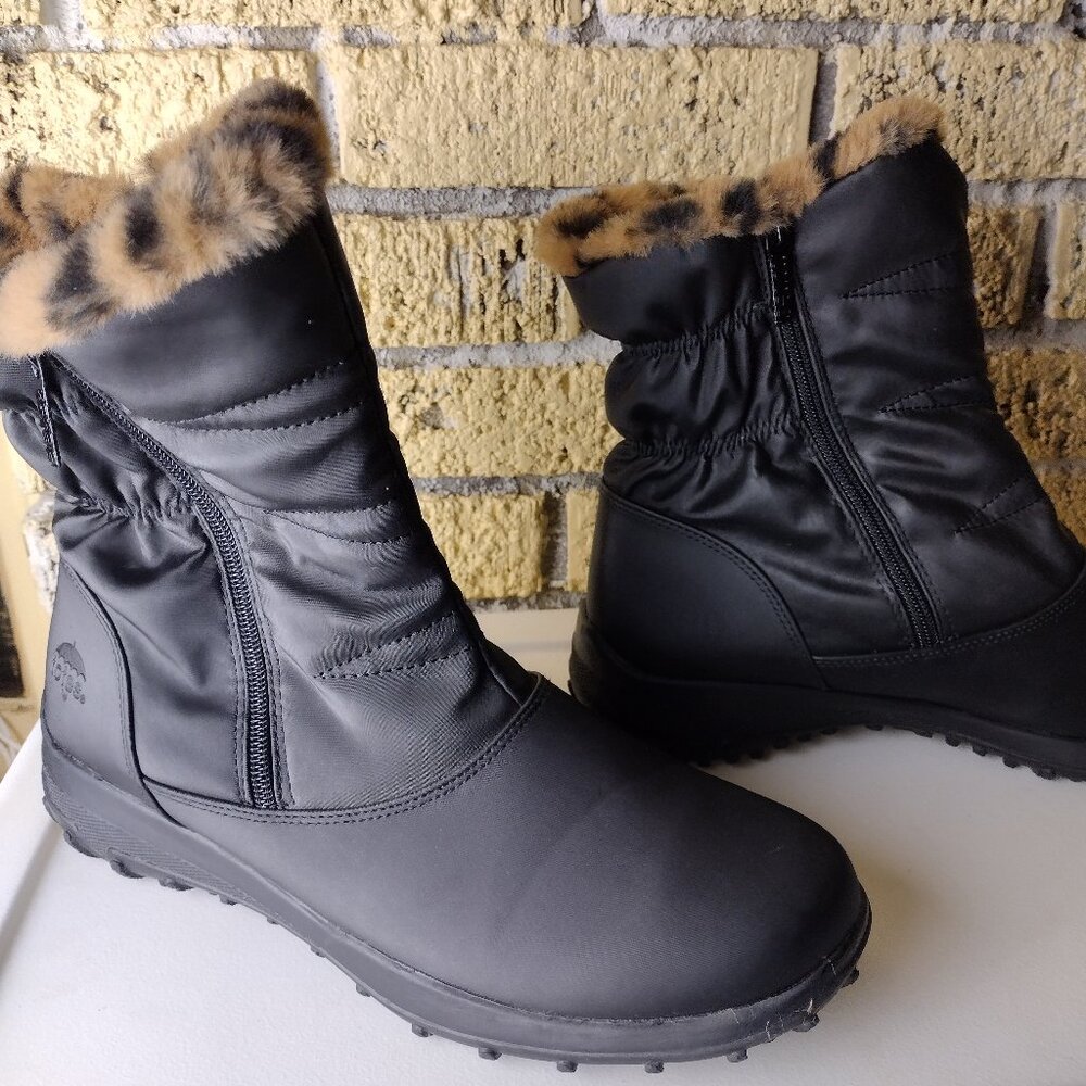 Totes All Weather Waterproof Leopard Faux Fur Ankle Boots